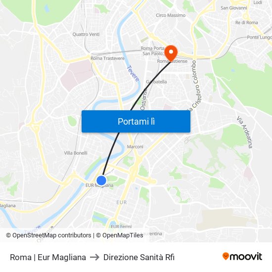 Roma | Eur Magliana to Direzione Sanità Rfi map