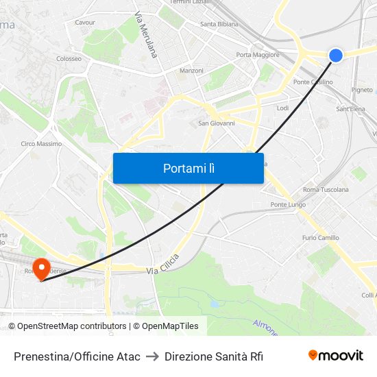 Prenestina/Officine Atac to Direzione Sanità Rfi map