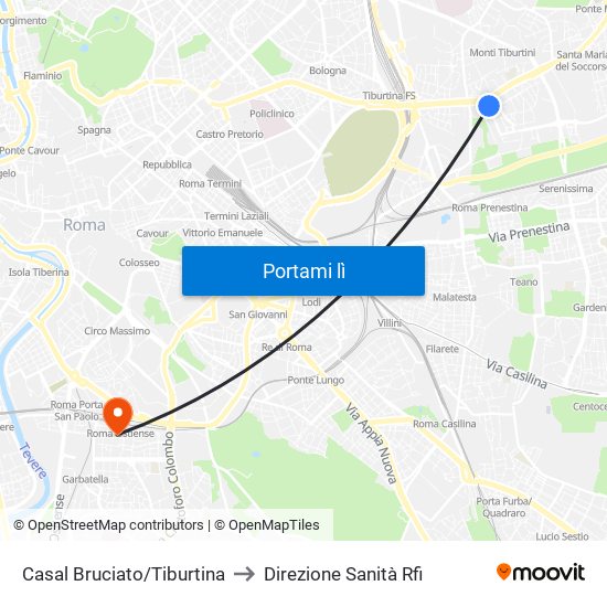 Casal Bruciato/Tiburtina to Direzione Sanità Rfi map