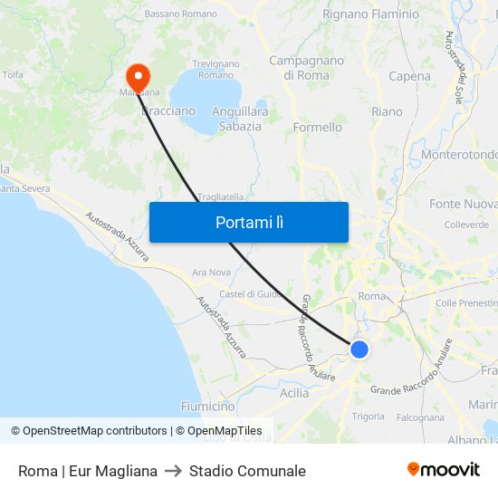 Roma | Eur Magliana to Stadio Comunale map