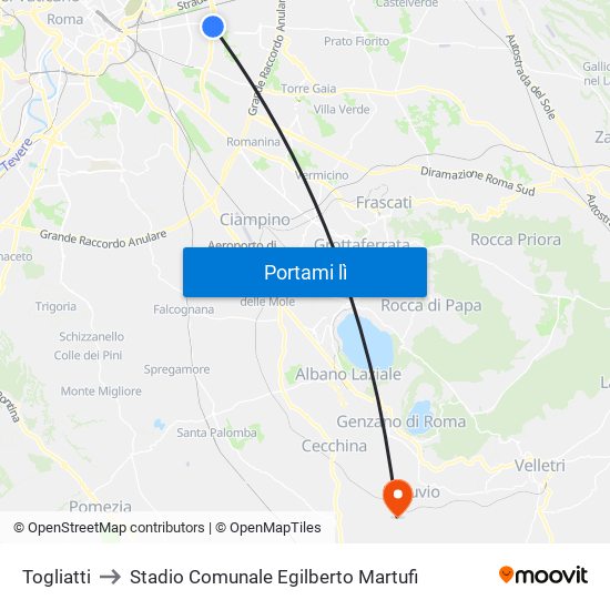 Togliatti to Stadio Comunale Egilberto Martufi map