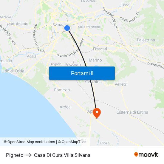 Pigneto to Casa Di Cura Villa Silvana map