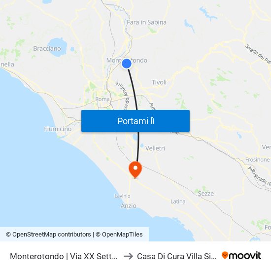 Monterotondo | Via XX Settembre to Casa Di Cura Villa Silvana map