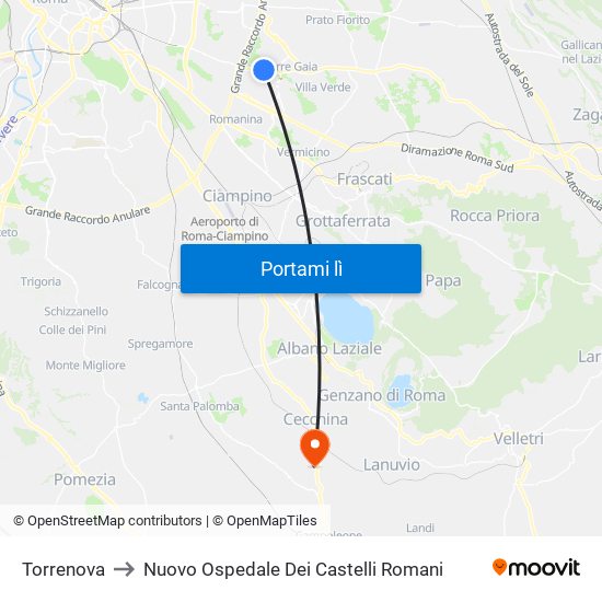 Torrenova to Nuovo Ospedale Dei Castelli Romani map
