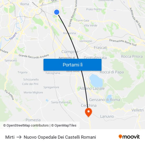 Mirti to Nuovo Ospedale Dei Castelli Romani map