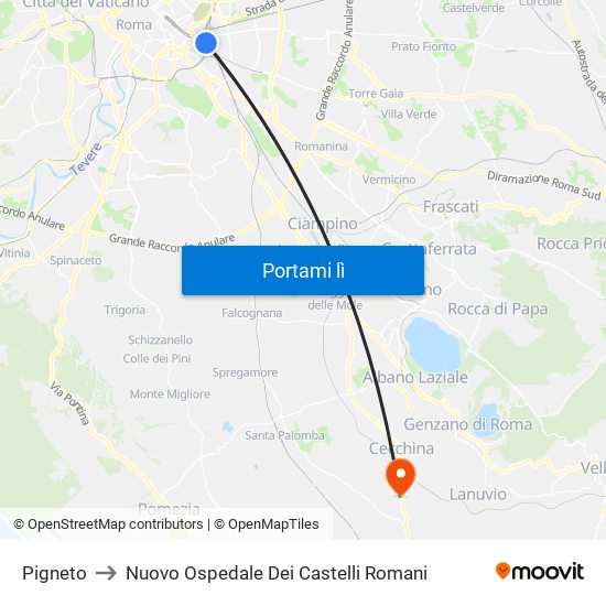 Pigneto to Nuovo Ospedale Dei Castelli Romani map