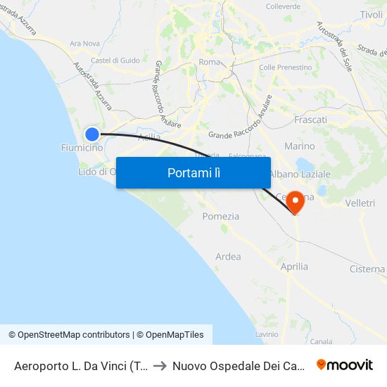 Aeroporto L. Da Vinci (Terminal T2) to Nuovo Ospedale Dei Castelli Romani map