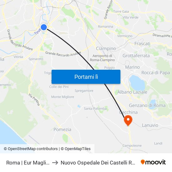 Roma | Eur Magliana to Nuovo Ospedale Dei Castelli Romani map