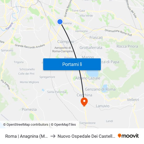 Roma | Anagnina (Metro A) to Nuovo Ospedale Dei Castelli Romani map