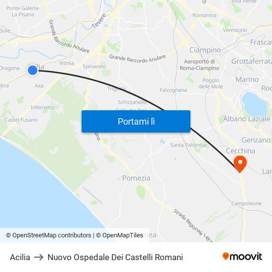 Acilia to Nuovo Ospedale Dei Castelli Romani map