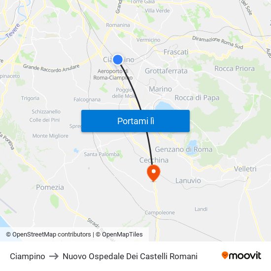 Ciampino to Nuovo Ospedale Dei Castelli Romani map