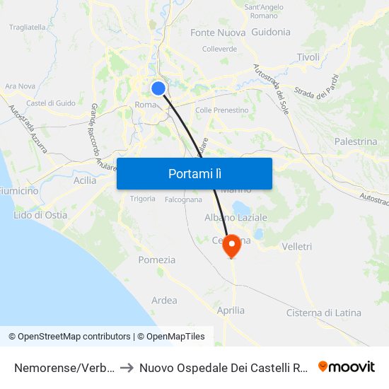 Nemorense/Verbano to Nuovo Ospedale Dei Castelli Romani map