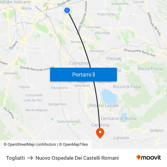 Togliatti to Nuovo Ospedale Dei Castelli Romani map