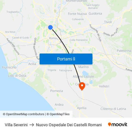 Villa Severini to Nuovo Ospedale Dei Castelli Romani map