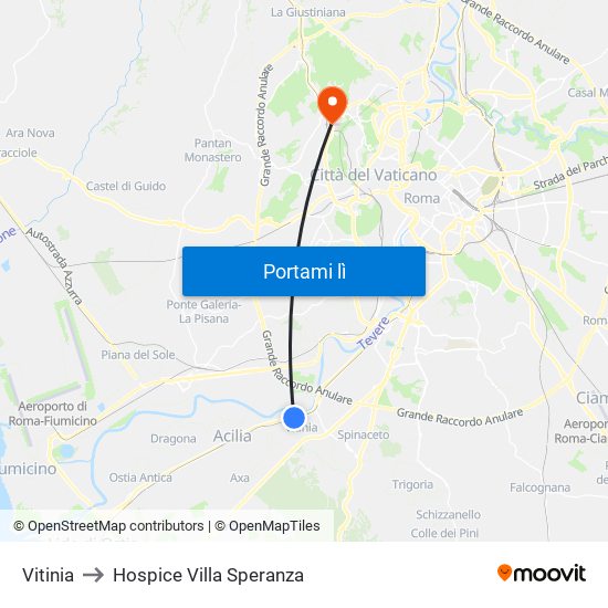 Vitinia to Hospice Villa Speranza map