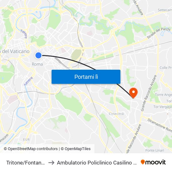 Tritone/Fontana Trevi to Ambulatorio Policlinico Casilino – Edificio D map