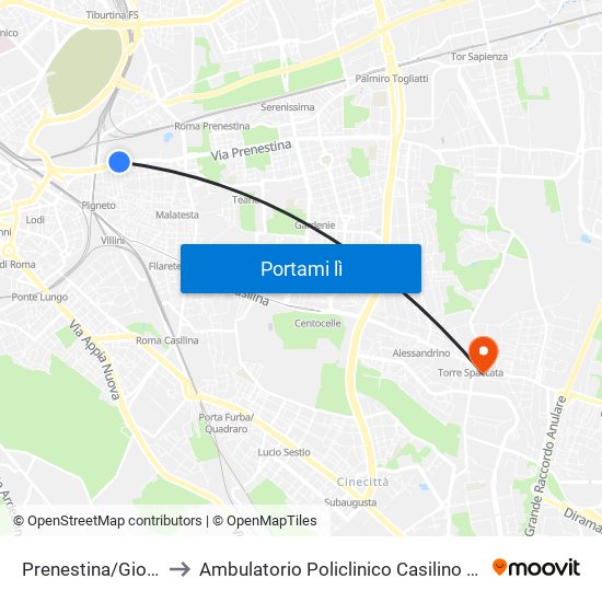 Prenestina/Giovenale to Ambulatorio Policlinico Casilino – Edificio D map