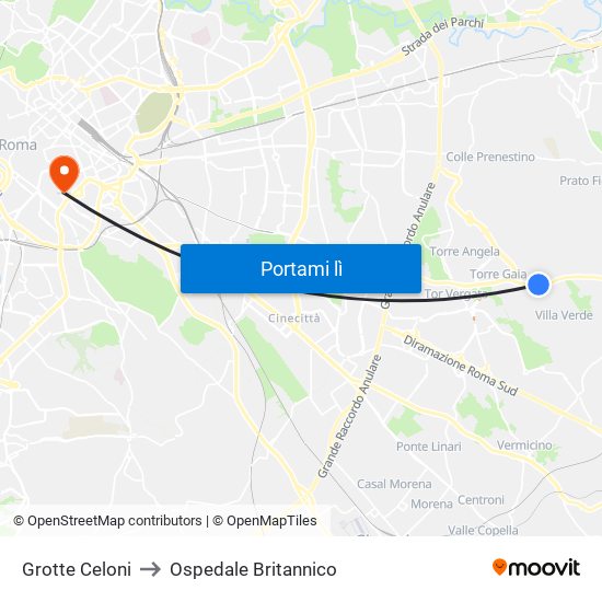 Grotte Celoni to Ospedale Britannico map