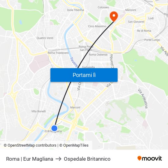 Roma | Eur Magliana to Ospedale Britannico map