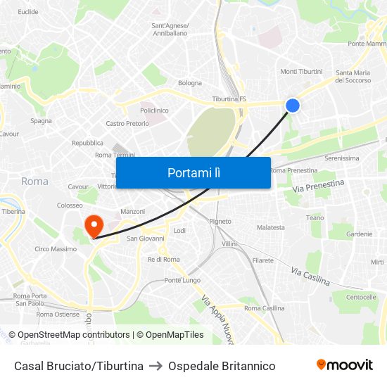 Casal Bruciato/Tiburtina to Ospedale Britannico map