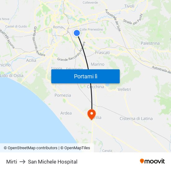 Mirti to San Michele Hospital map