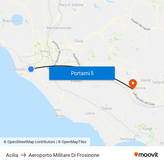 Acilia to Aeroporto Militare Di Frosinone map