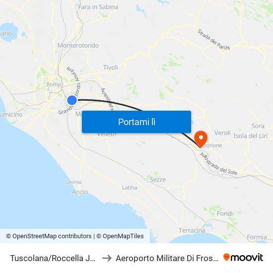 Tuscolana/Roccella Jonica to Aeroporto Militare Di Frosinone map