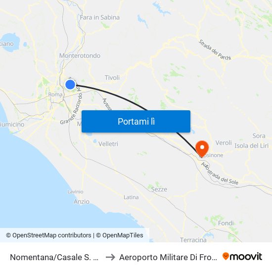 Nomentana/Casale S. Basilio to Aeroporto Militare Di Frosinone map