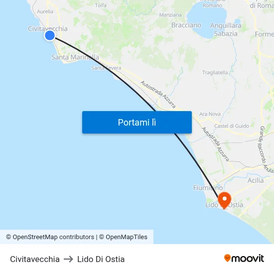 Civitavecchia to Lido Di Ostia map