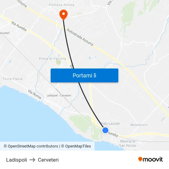 Ladispoli to Cerveteri map