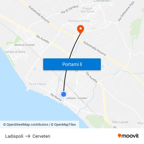 Ladispoli to Cerveteri map