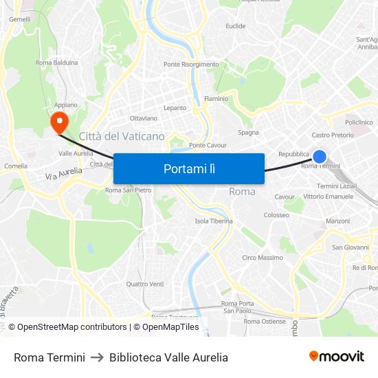 Roma Termini to Biblioteca Valle Aurelia map