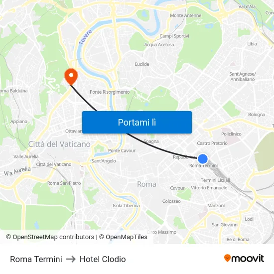 Roma Termini to Hotel Clodio map