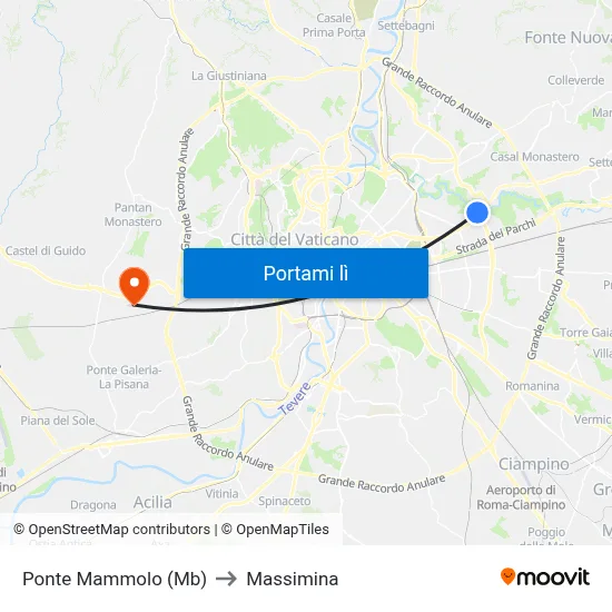 Ponte Mammolo (Mb) to Massimina map