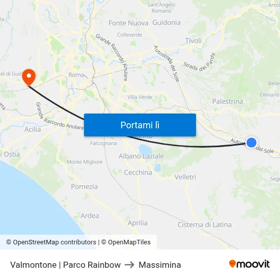 Valmontone | Parco Rainbow to Massimina map