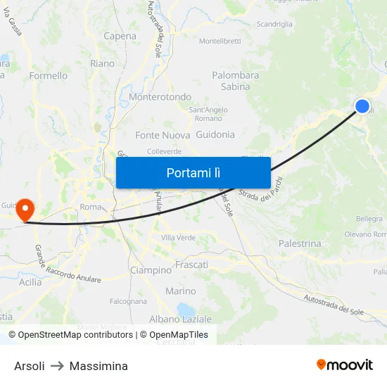 Arsoli to Massimina map
