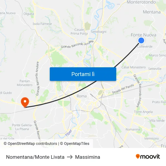 Nomentana/Monte Livata to Massimina map