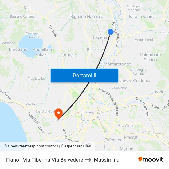 Fiano | Via Tiberina Via Belvedere to Massimina map