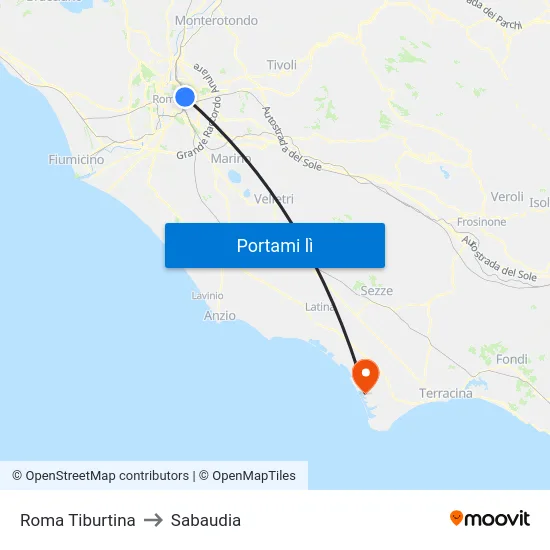 Roma Tiburtina to Sabaudia map