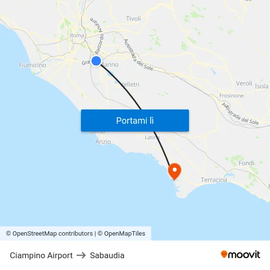 Ciampino Airport to Sabaudia map