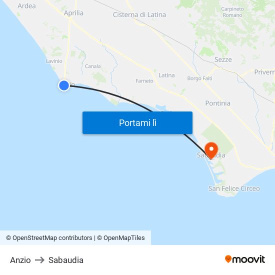 Anzio to Sabaudia map