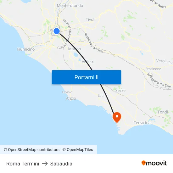 Roma Termini to Sabaudia map