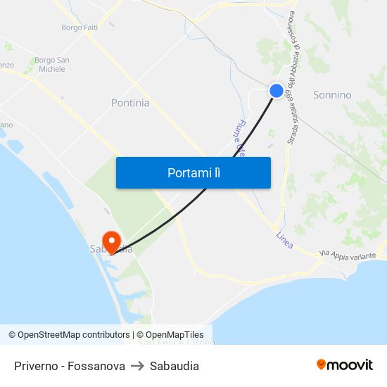 Priverno - Fossanova to Sabaudia map