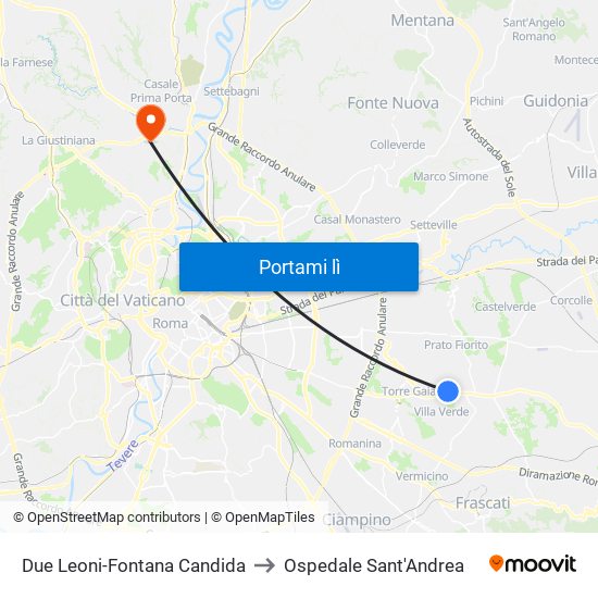 Due Leoni-Fontana Candida to Ospedale Sant'Andrea map