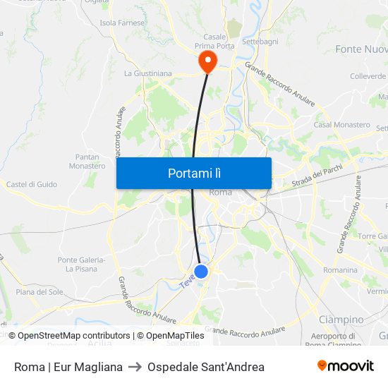 Roma | Eur Magliana to Ospedale Sant'Andrea map