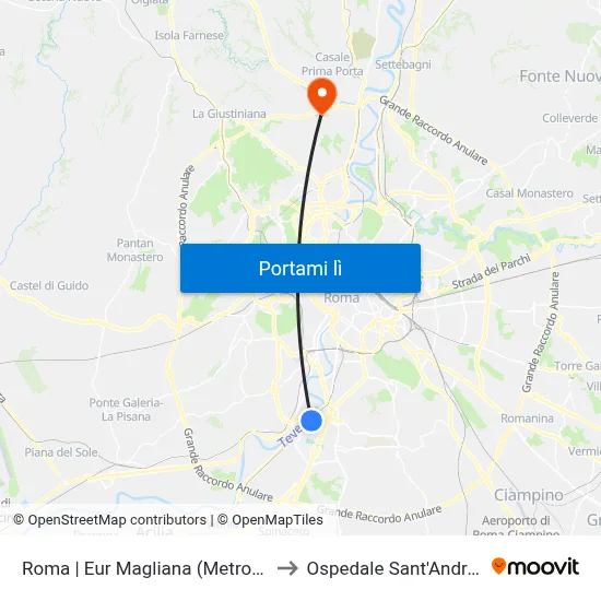 Roma | Eur Magliana (Metro B) to Ospedale Sant'Andrea map