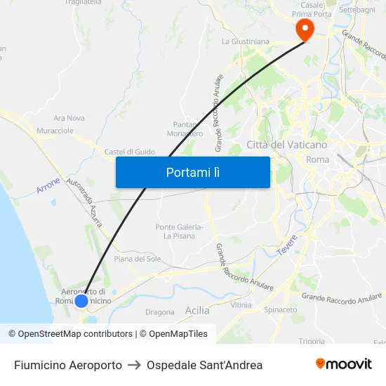 Fiumicino Aeroporto to Ospedale Sant'Andrea map