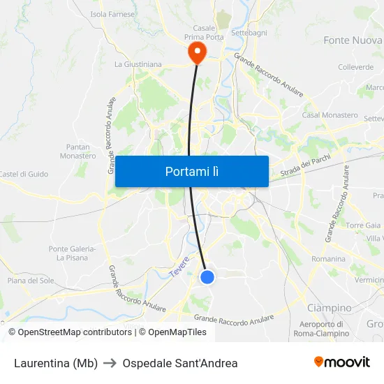 Laurentina (Mb) to Ospedale Sant'Andrea map