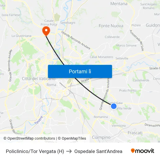 Policlinico/Tor Vergata (H) to Ospedale Sant'Andrea map