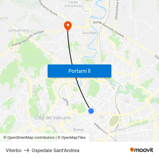 Viterbo to Ospedale Sant'Andrea map